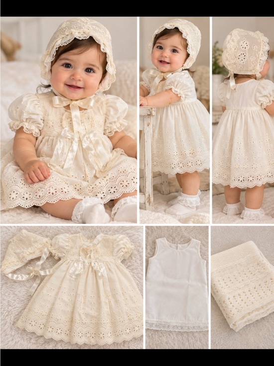 Northbury textiles Other - Baby Girl Ivory Lace Eyelet Dress & Bonnet Set | Northbury Textiles | NWT